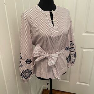 J. Crew Striped Blouse with Navy Embroidery